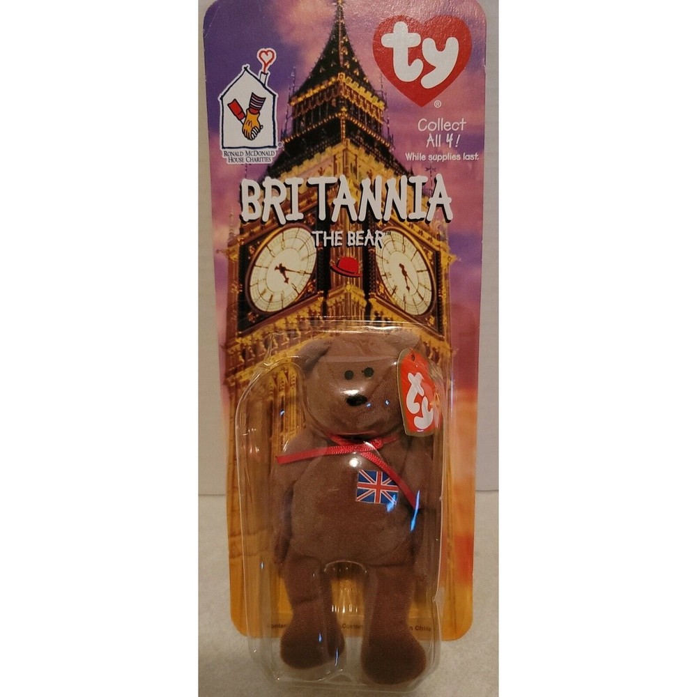 New Mcdonalds TY Beanie Baby Britannia The Bear RARE WITH ERRORS Brown Britian